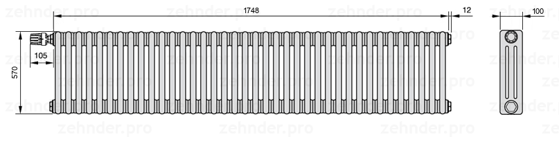 Схема (чертеж) Радиатор Zehnder Charleston 3057/38 №V012 Technoline TL
